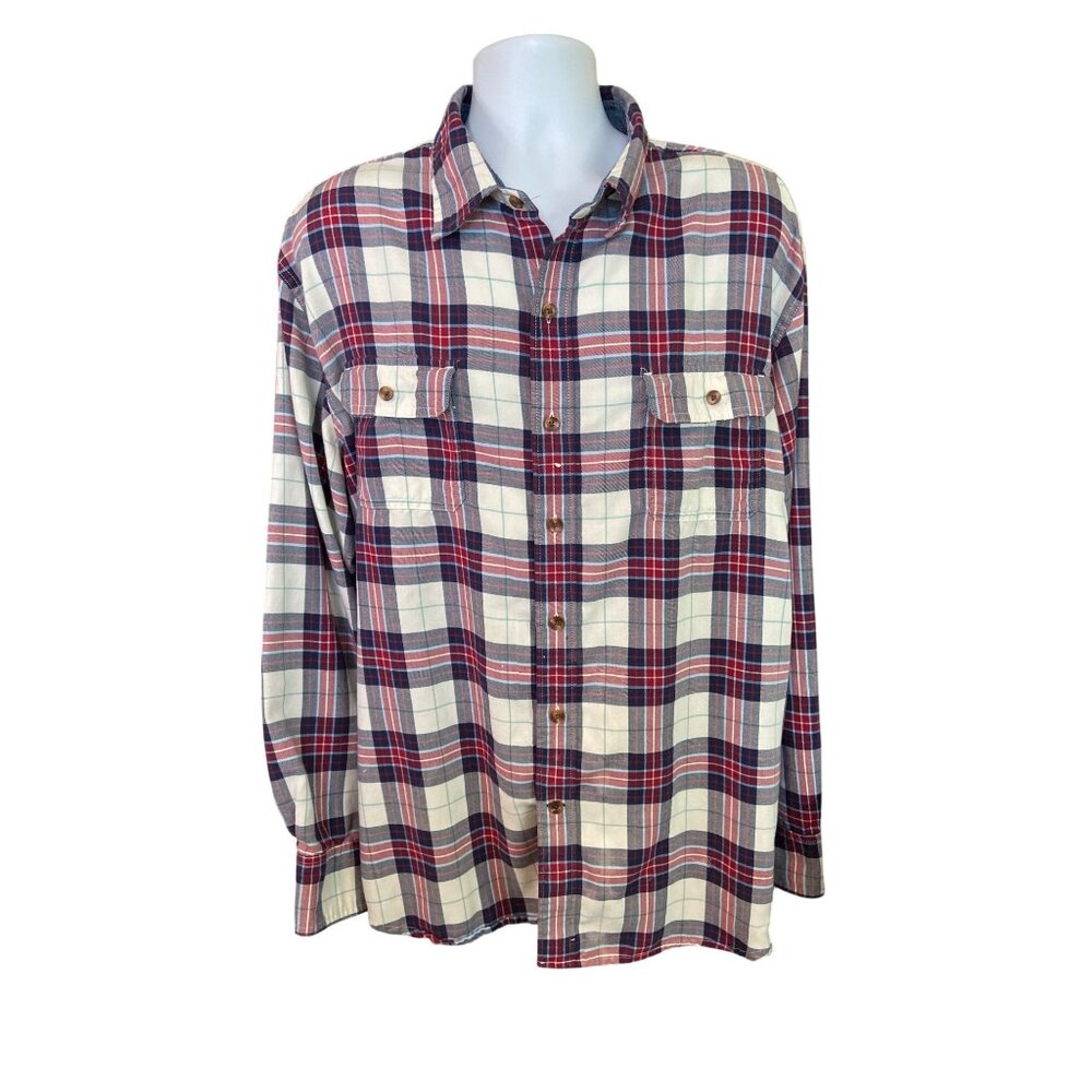 IZOD XXL Plaid Flannel Shirt Denim Collar Long Sleeve Y2K Grunge Paint Stains